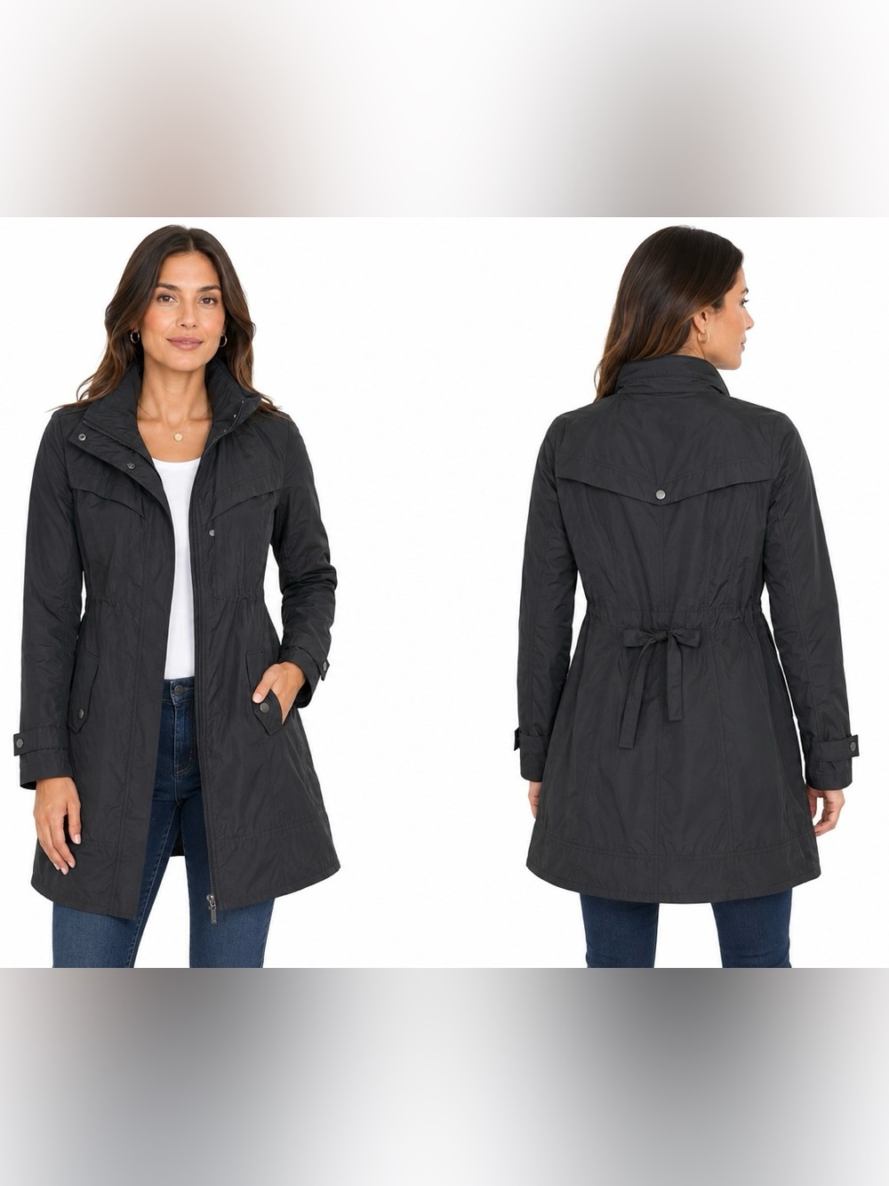 Cole Haan Black Hooded Rain Jacket Women’s Lg Travel Water Resistant Tie Back